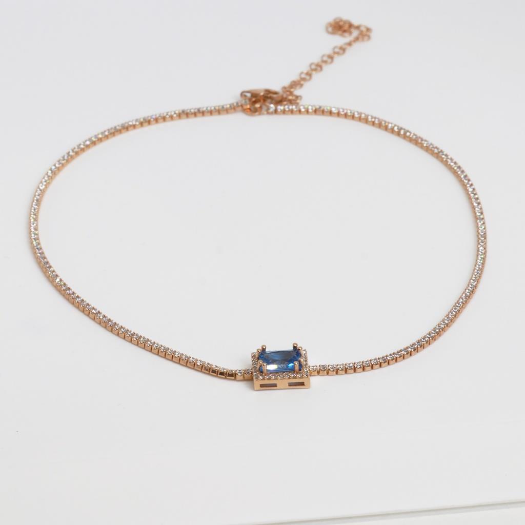 Aquamarin Taşlı Rose Gold Kaplama Choker Gümüş Kolye