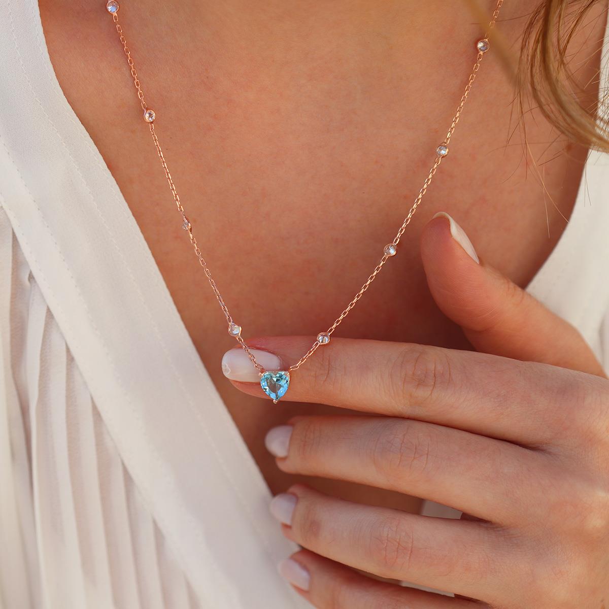 Aquamarin Taşlı Rose Gold Kaplama Sevgili Kalp Gümüş Kolye