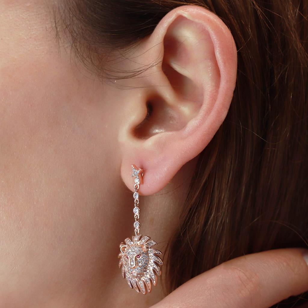 Aslan Başlı Zirkon Taşlı Rose Gold Kaplama Gümüş Küpe