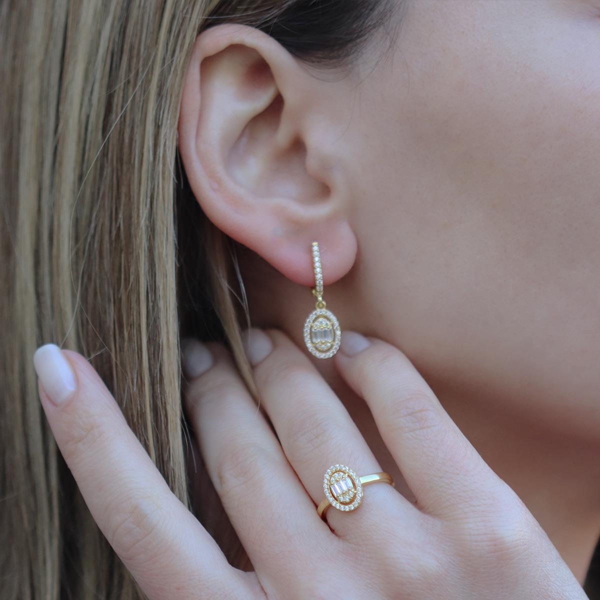 Baget Kesim Oval Montürlü Zirkon Taşlı Gold KaplamaGümüş Set