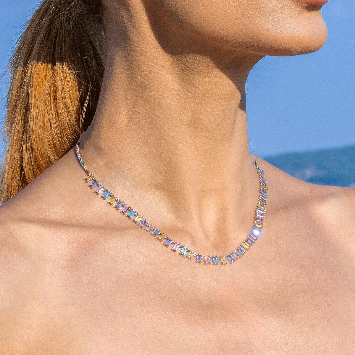 Baget Kesim Renkli Zirkon Taşlı Trend Gümüş Kolye