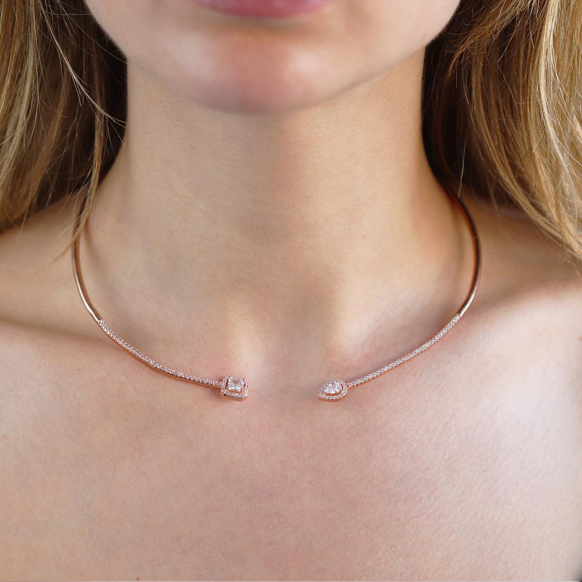 Baget ve Damla Taşlı Rose Gold Kaplama Choker Gümüş Kolye