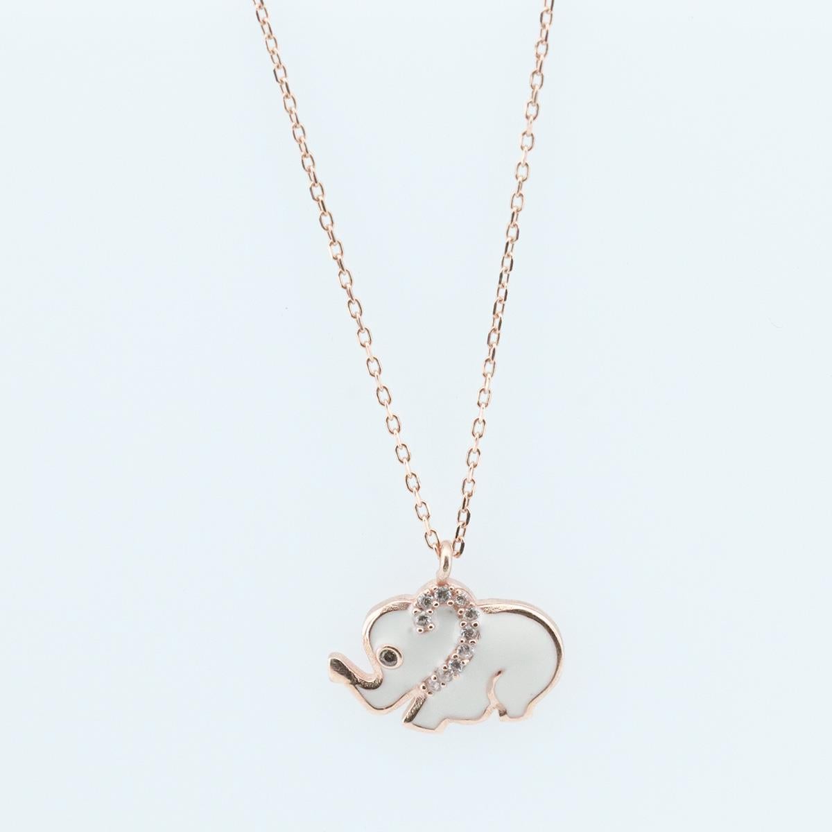 Beyaz Mine İşli Rose Gold Kaplama Bereket Fili Gümüş Kolye