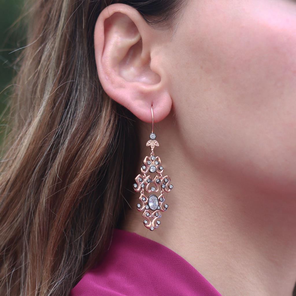 Dantel Desen Zirkon Taşlı Rose Gold Kaplama Gümüş Küpe