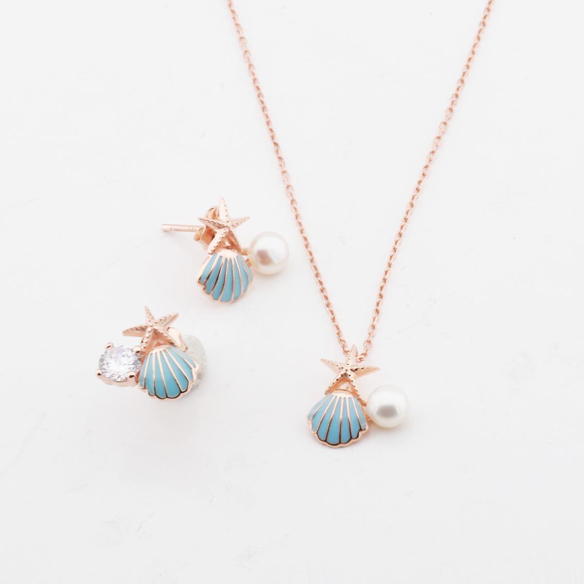 Deniz Yıldızı İnci ve Tek Taş Detaylı Rose Gold Kaplama Gümüş Set