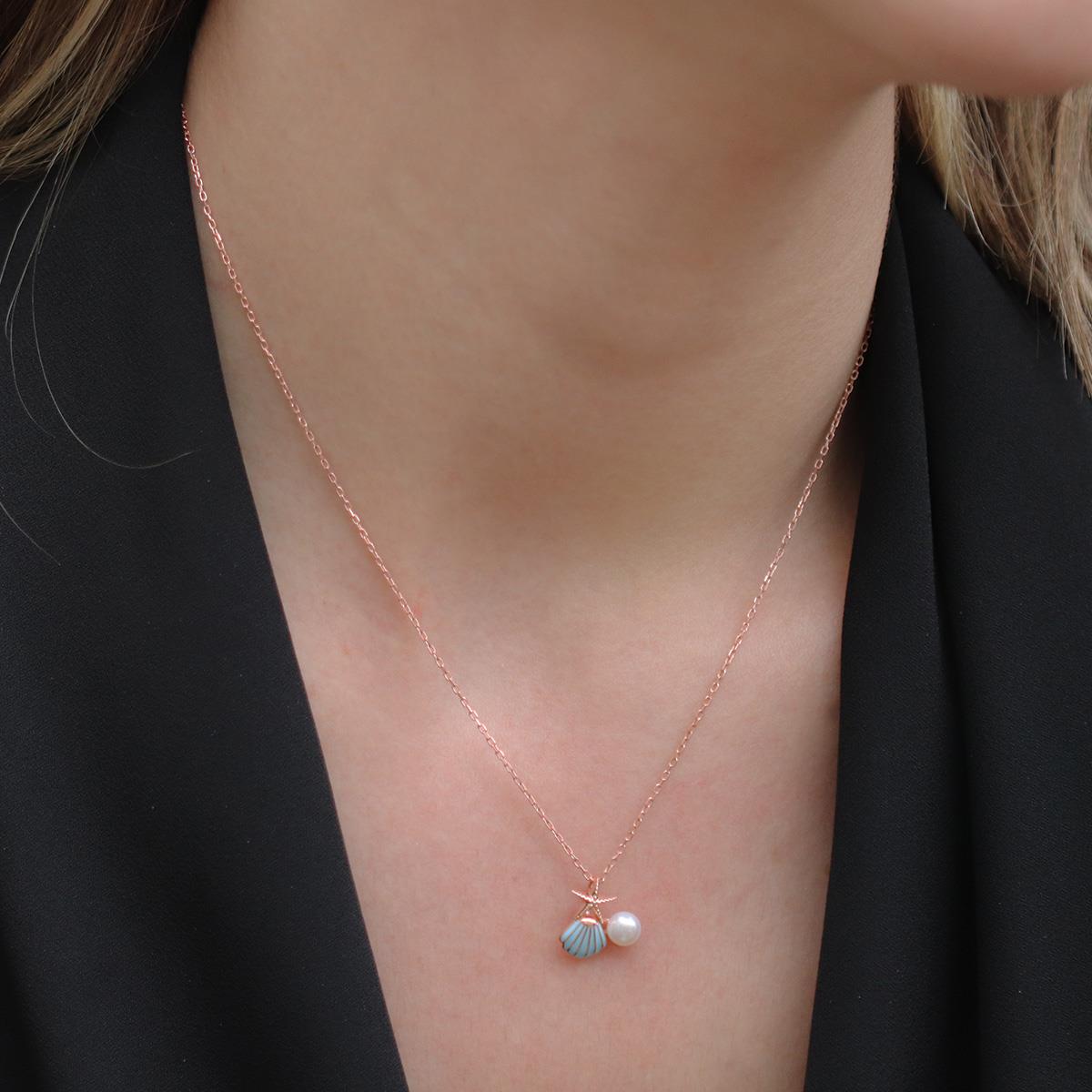 Deniz Yıldızı İnci ve Tek Taş Detaylı Rose Gold Kaplama Gümüş Set