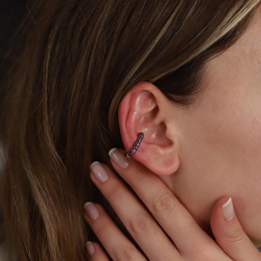 Dikdörtgen Mor Zirkon Taşlı Rose Gold Kaplama Gümüş Kıkırdak Küpe