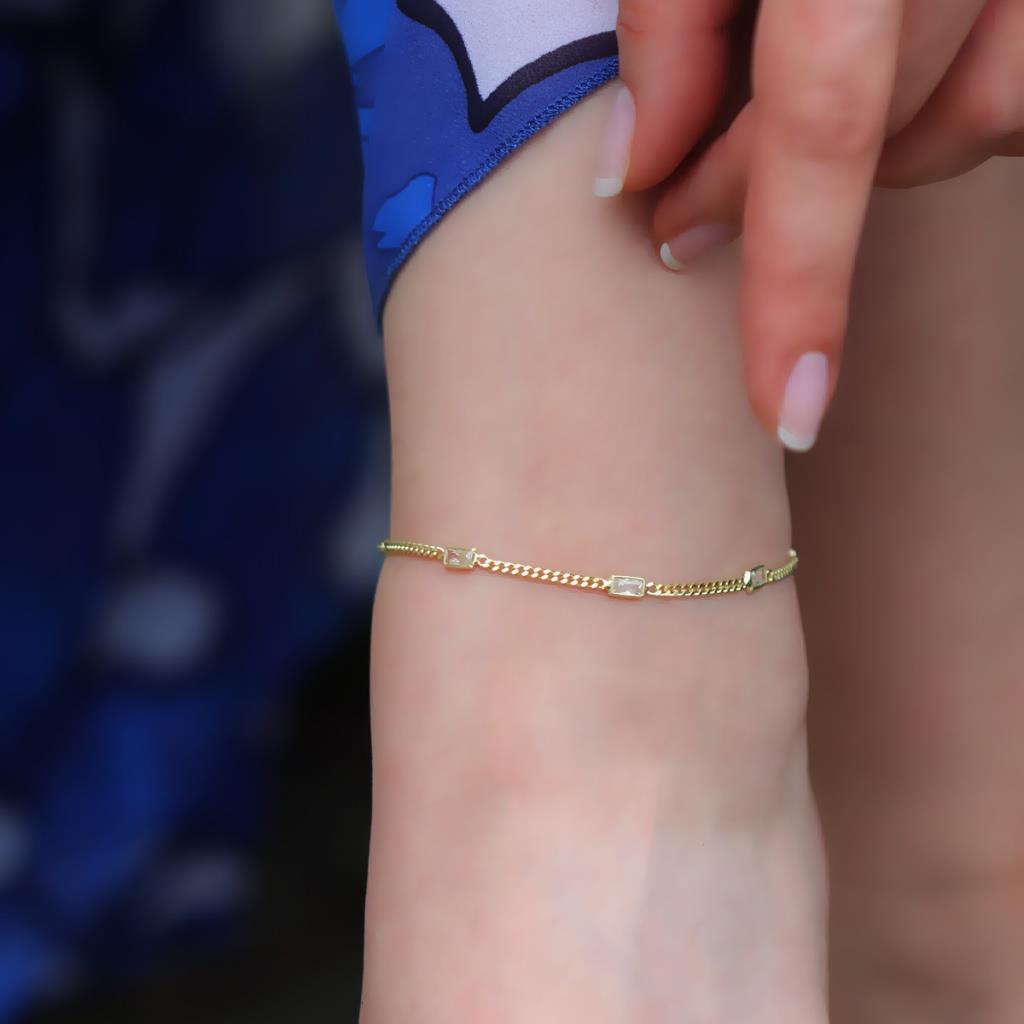 Dikdörtgen Zirkon Taşlı Gold Kaplama Gümüş Zincir Halhal