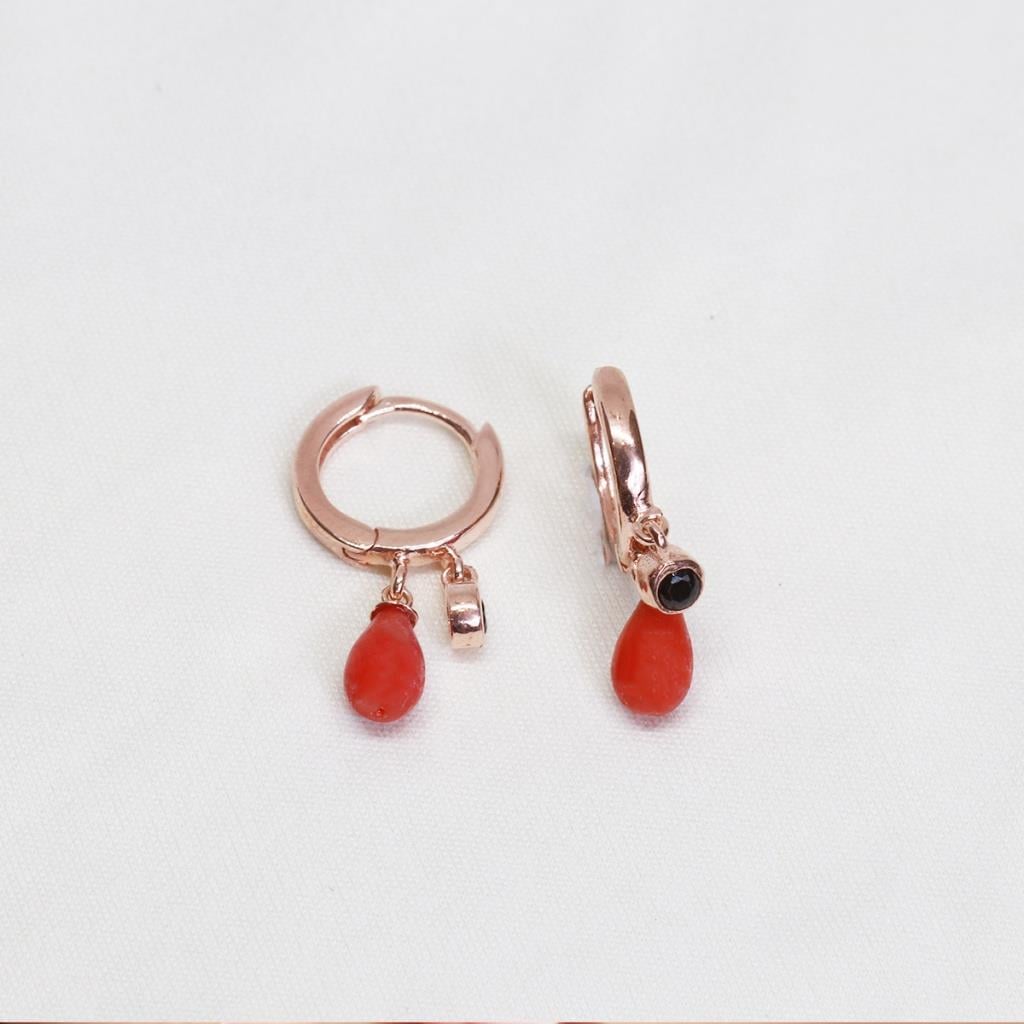 Doğal Mercan Taşlı Rose Gold Kaplama Gümüş Küpe