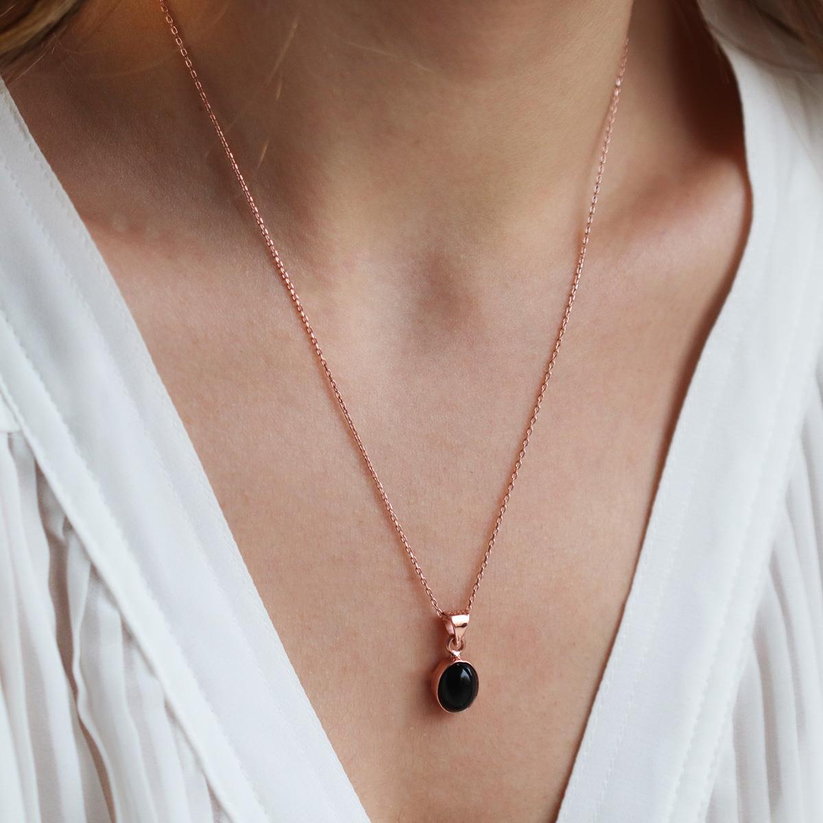 Doğal Onix Taş Rose Gold Kaplama Gümüş Kolye