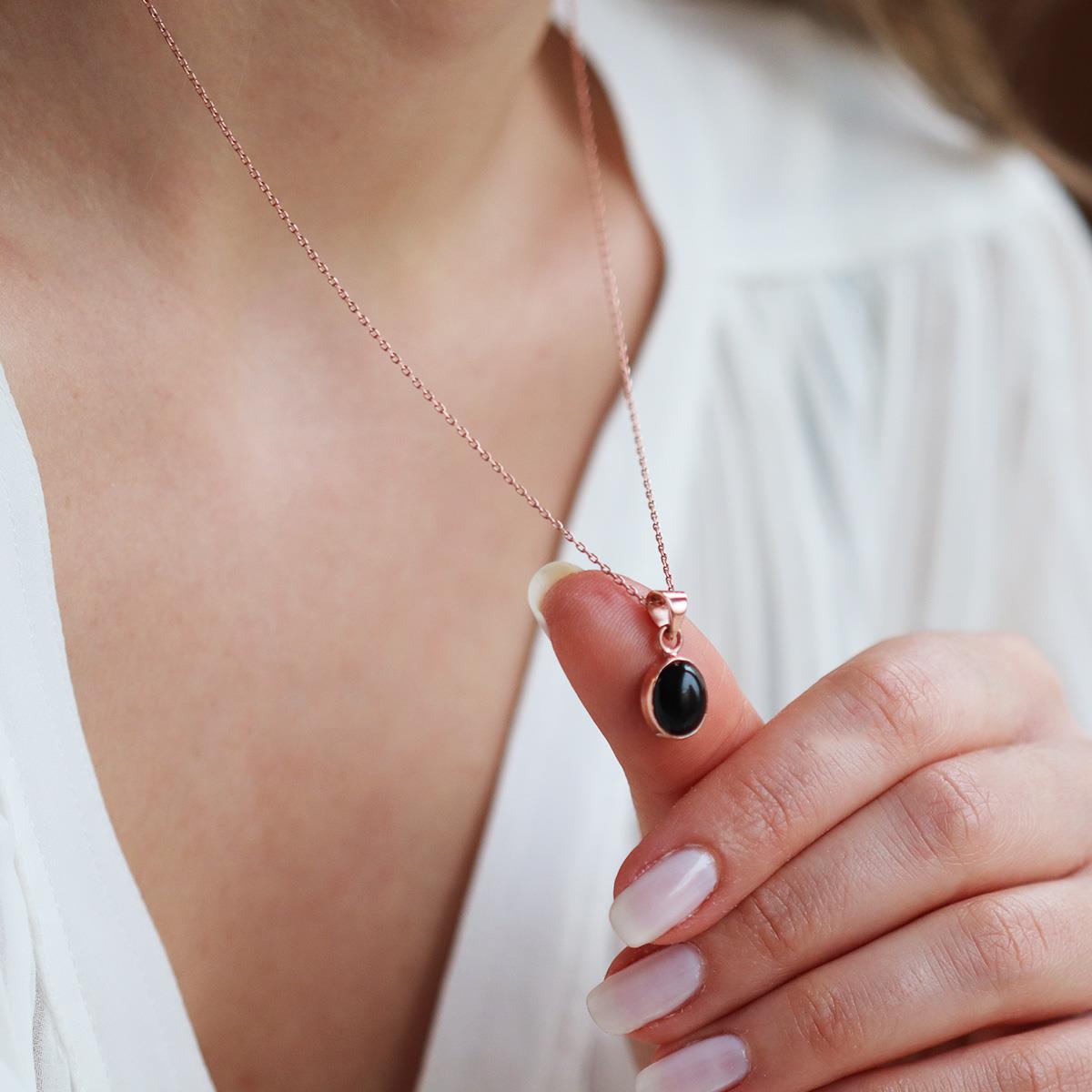Doğal Onix Taş Rose Gold Kaplama Gümüş Kolye