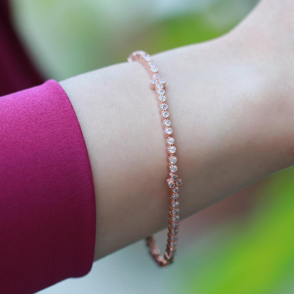 Elmas Montür Modeli Su Yolu Rose Gold Kaplama Gümüş Bileklik