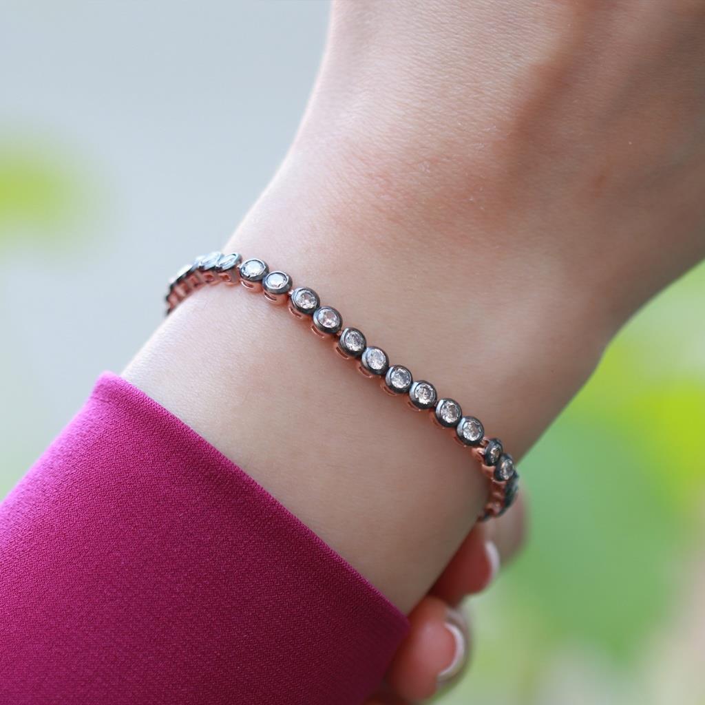 Elmas Montür Rose Gold Kaplama Su Yolu Gümüş Bileklik