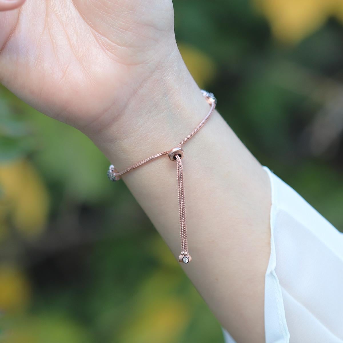 Elmas Montür Rose Gold Kaplama Zirkon Taşlı Asansörlü Gümüş Bileklik