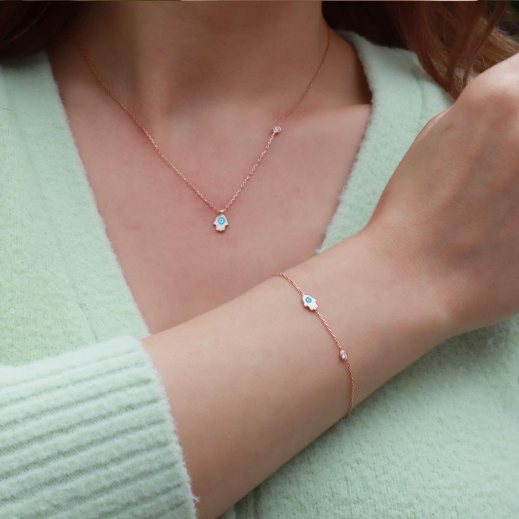 Fatma Ana El Figürlü Zirkon Taşlı Mine İşli Rose Gold Kaplama Gümüş Set
