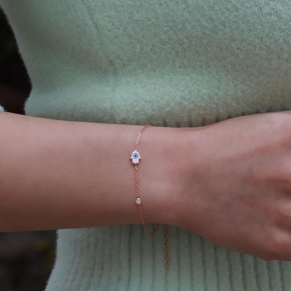 Fatma Ana El Figürlü Zirkon Taşlı Mine İşli Rose Gold Kaplama Gümüş Set