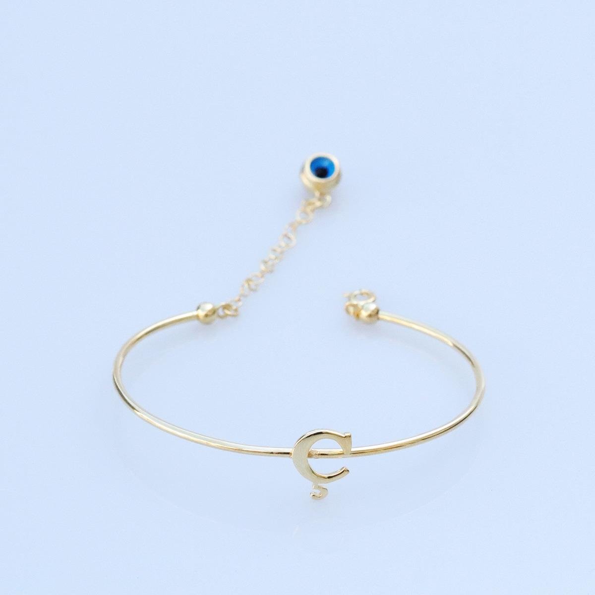 Gold Kaplama Nazar Boncuklu Ç Harfi Gümüş Bileklik