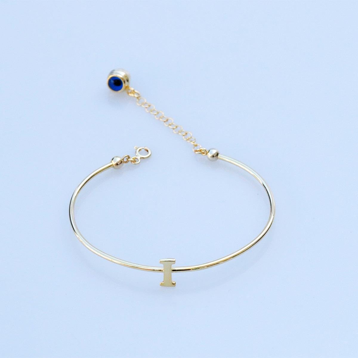 Gold Kaplama Nazar Boncuklu I Harfi Gümüş Bileklik