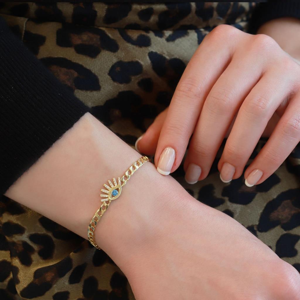 Göz Gurmet Modeli Zirkon Taşlı Gold Kaplama Gümüş Bileklik