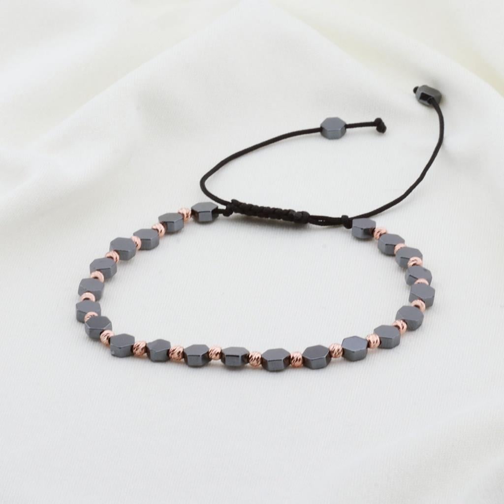 Hematit Taşlı Altıgen Rose Gold Kaplama Gümüş Makrome Erkek Bilekliği