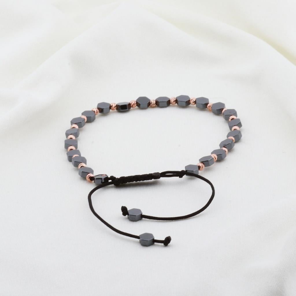 Hematit Taşlı Altıgen Rose Gold Kaplama Gümüş Makrome Erkek Bilekliği