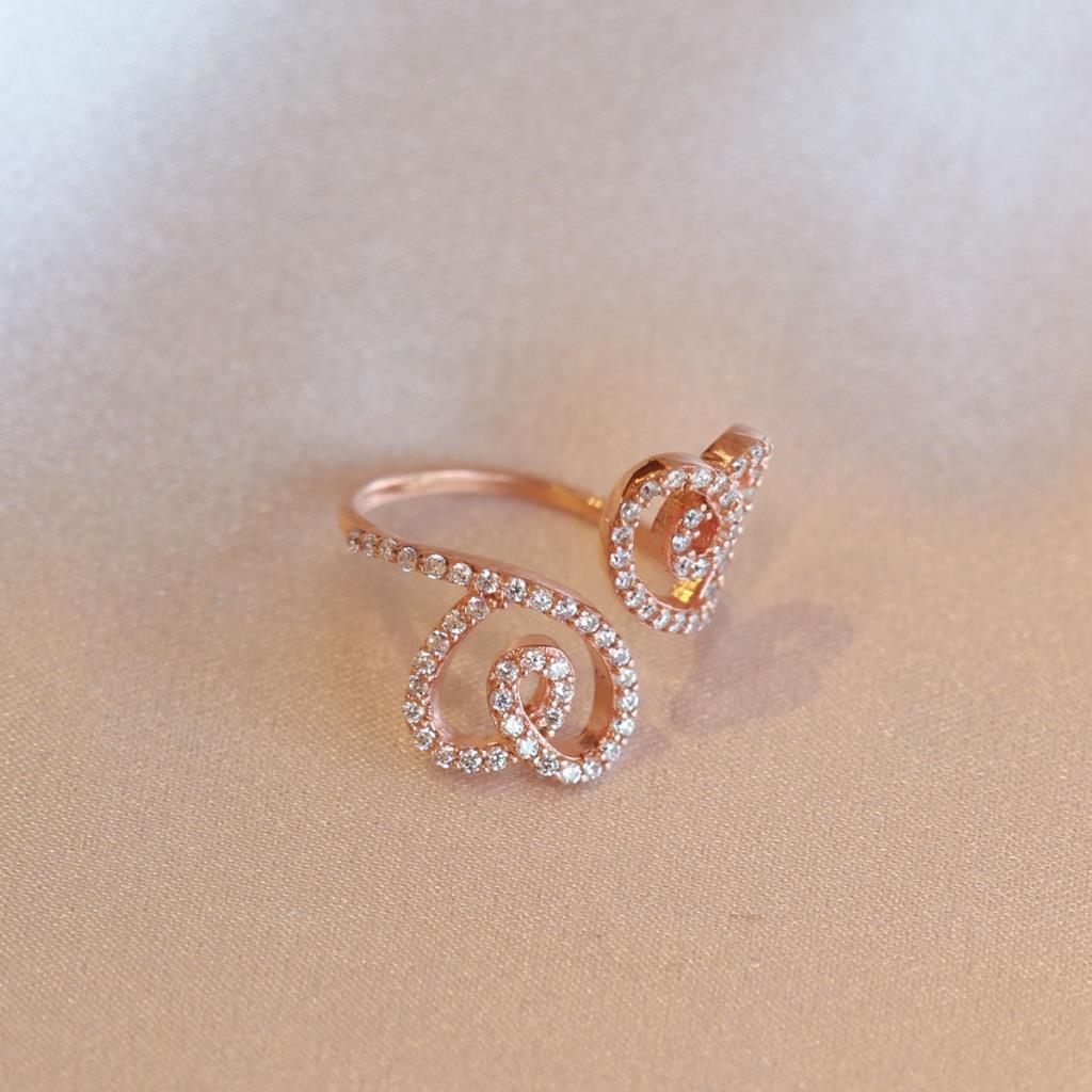 İki Kalpli Rose Gold Kaplama Ayarlanabilir Gümüş Yüzük