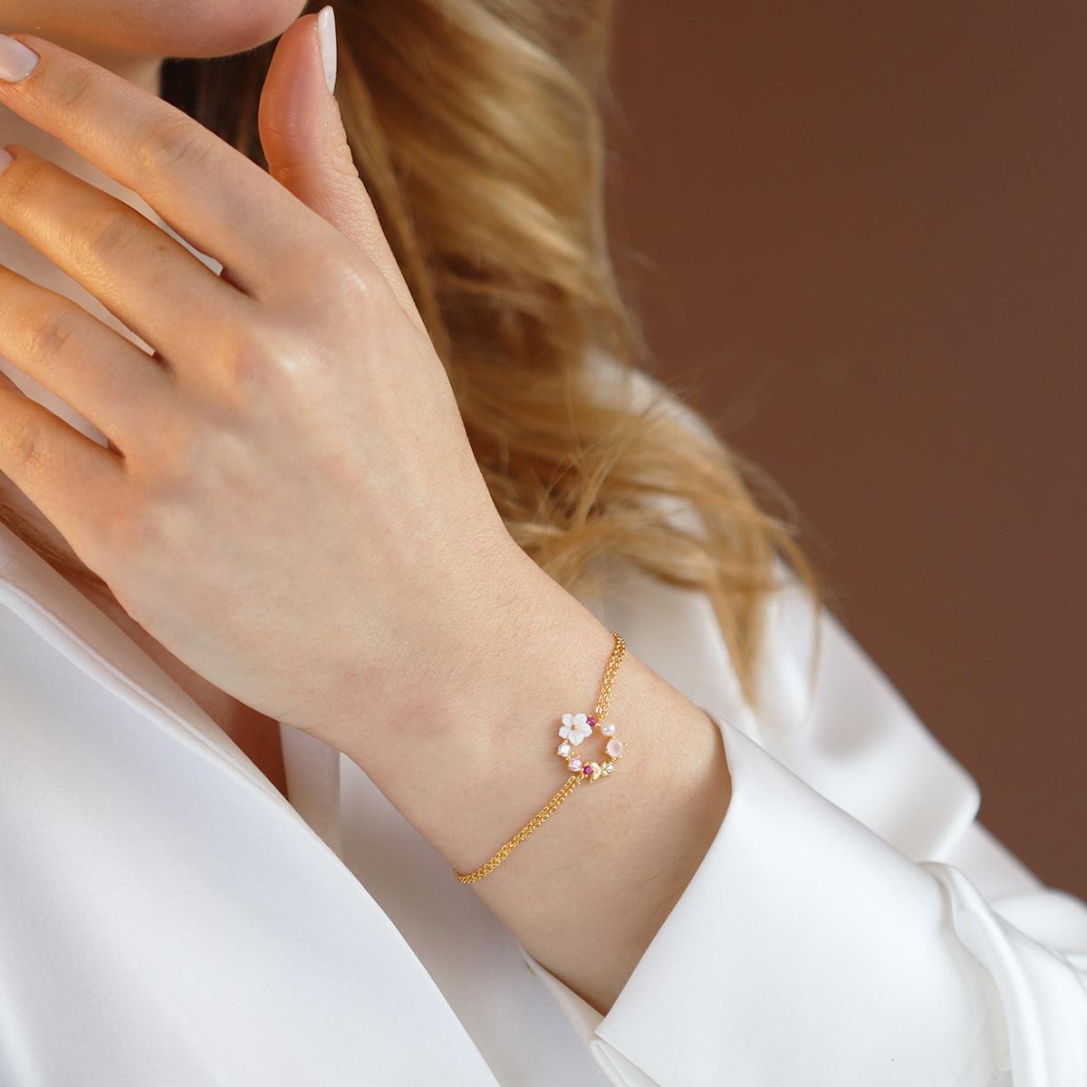 İnci ve Çiçek Motifli Gold Kaplama Gümüş Bileklik