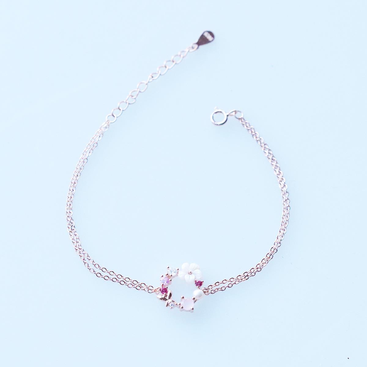 İnci ve Çiçek Motifli Rose Gold Kaplama Gümüş Bileklik