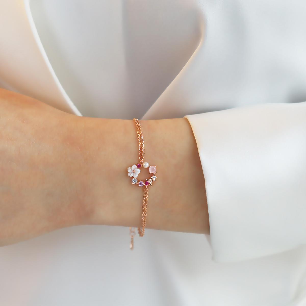İnci ve Çiçek Motifli Rose Gold Kaplama Gümüş Bileklik