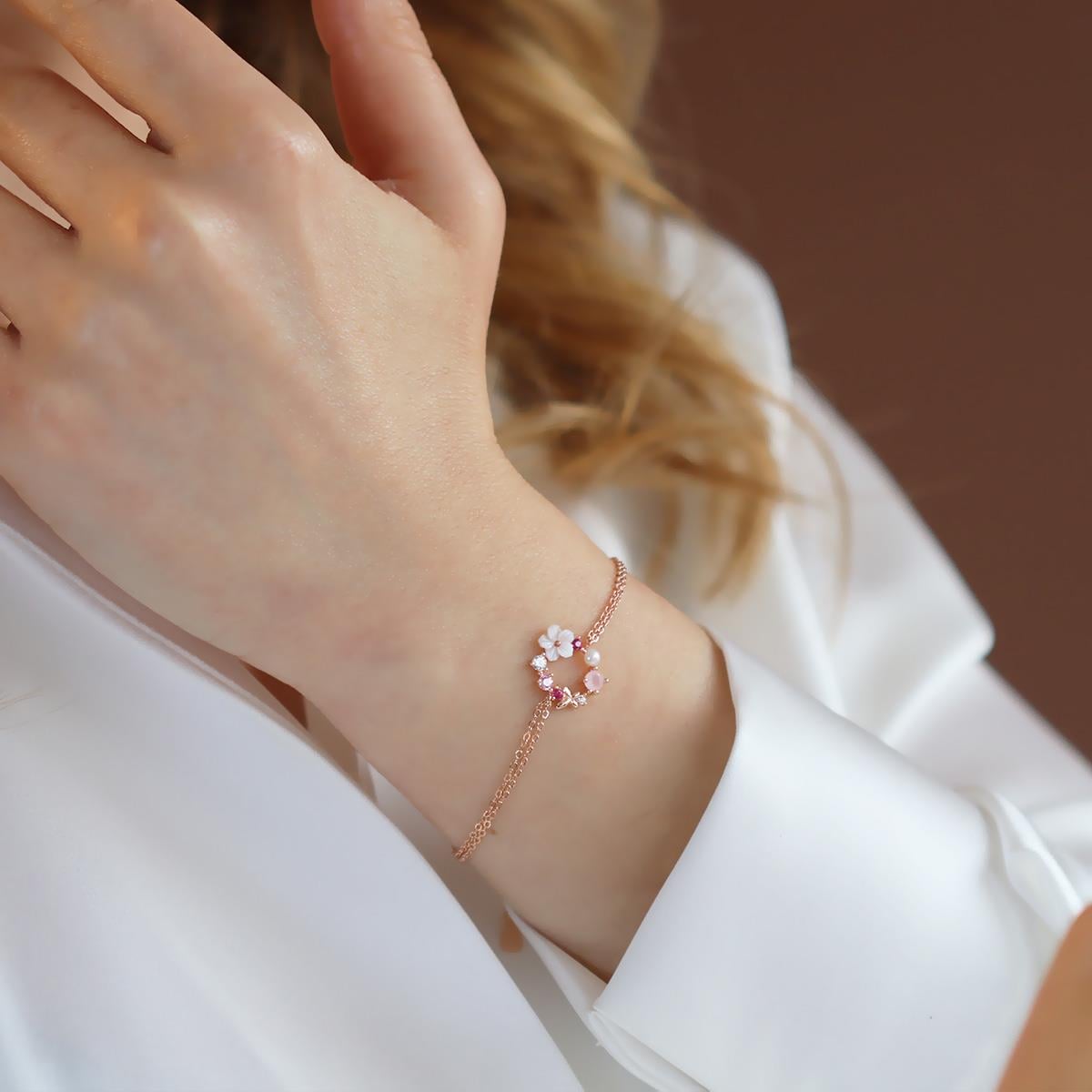 İnci ve Çiçek Motifli Rose Gold Kaplama Gümüş Bileklik