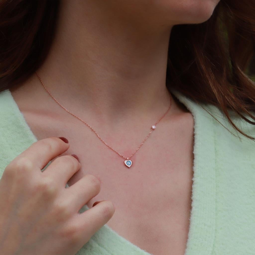 Kalp Figürlü Zirkon Taşlı Mine İşli Rose Gold Kaplama Gümüş Kolye