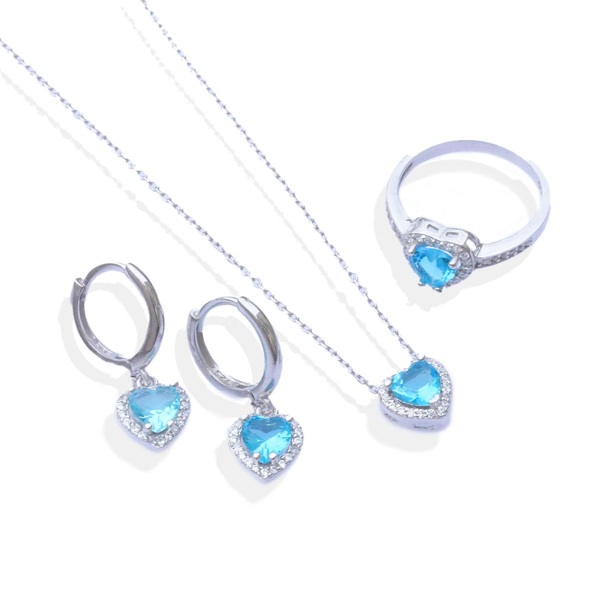 Kalp Pndr Model Aquamarine Taşlı Gümüş Set