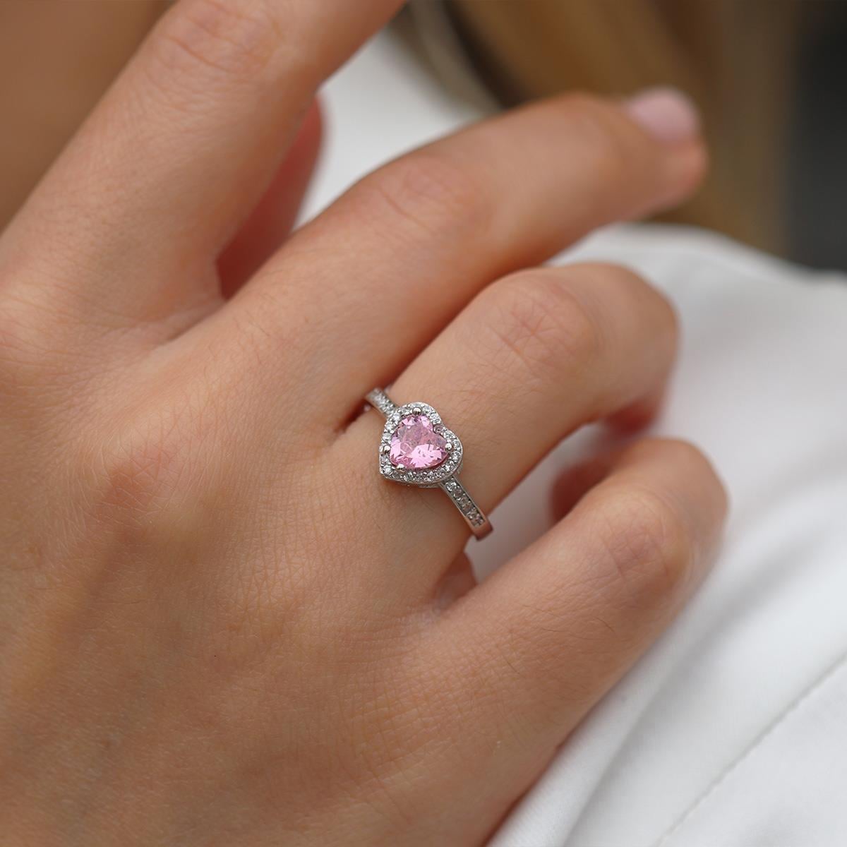 Kalp Pndr Model Pembe Zirkon Taşlı Gümüş Yüzük