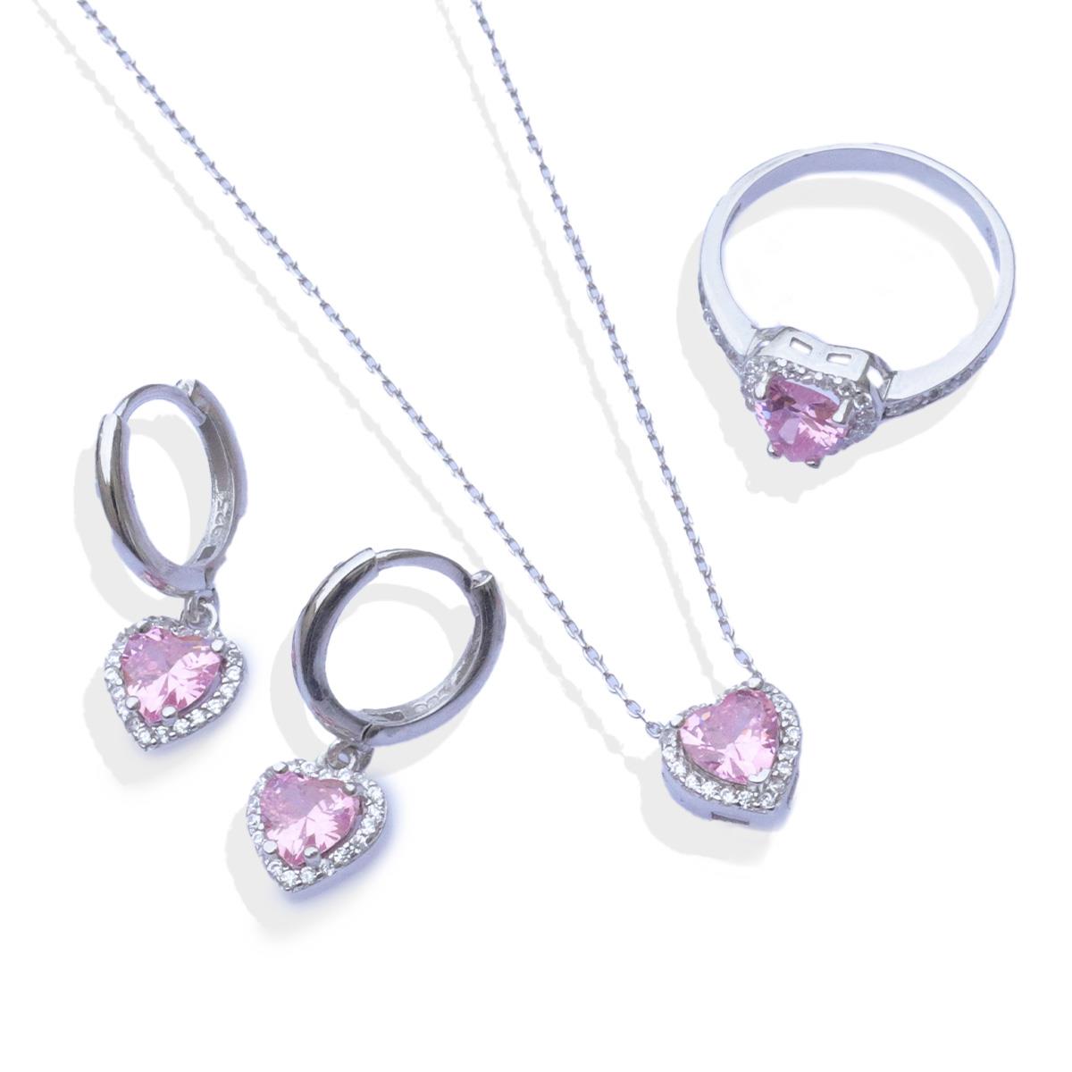 Kalp Pndr Model Pembe Zirkon Taşlı Gümüş Set