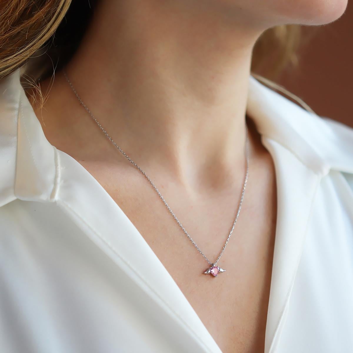 Kanatlı Mini Kalp Pembe Zirkon Taşlı 925 Ayar Gümüş Kolye