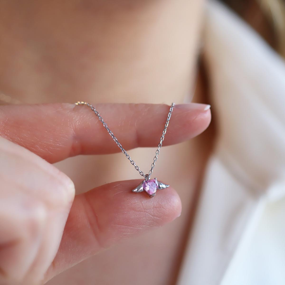 Kanatlı Mini Kalp Pembe Zirkon Taşlı 925 Ayar Gümüş Kolye