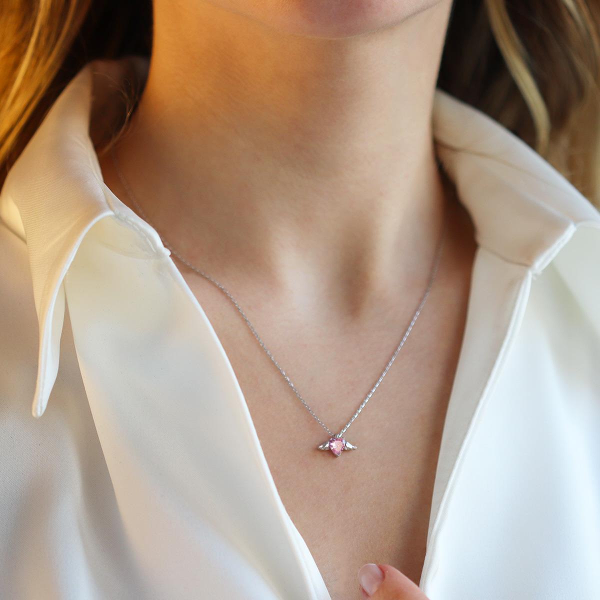Kanatlı Mini Kalp Pembe Zirkon Taşlı 925 Ayar Gümüş Kolye