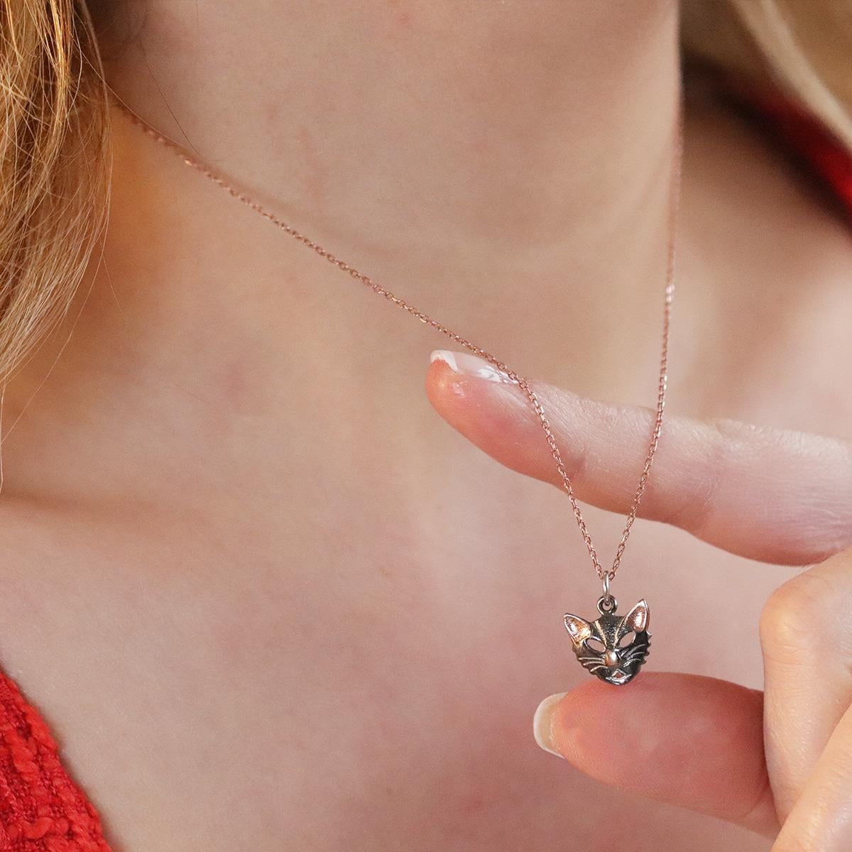 Kedi Maske Rose Gold Kaplama Gümüş Kolye