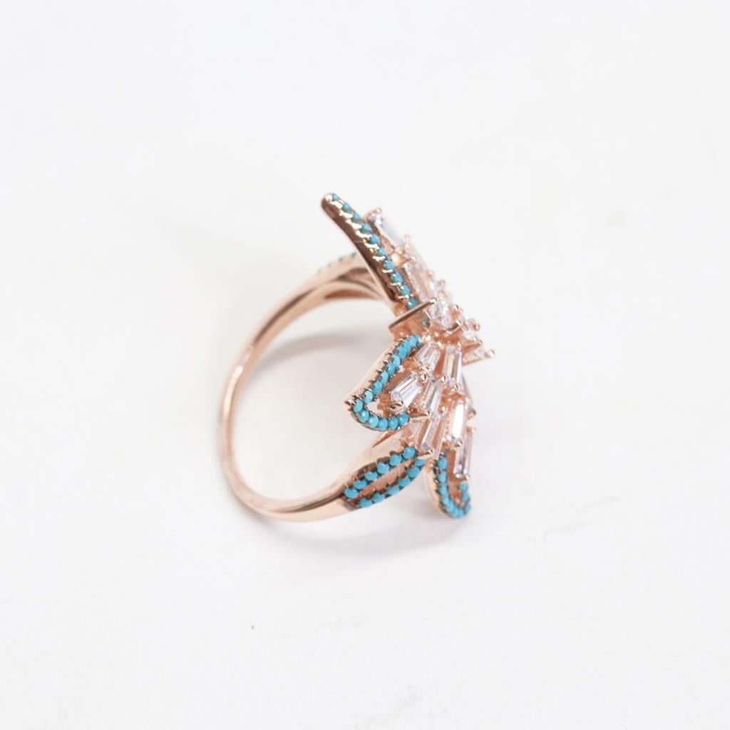 Kelebek Turkuaz Baget Taşlı Rose Gold Kaplama Gümüş Yüzük