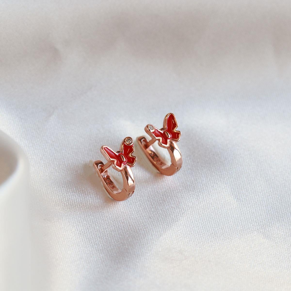 Kırmızı Kelebek Model Mini Zirkon Taşlı Rose Gold Kaplama Gümüş Çocuk Küpesi