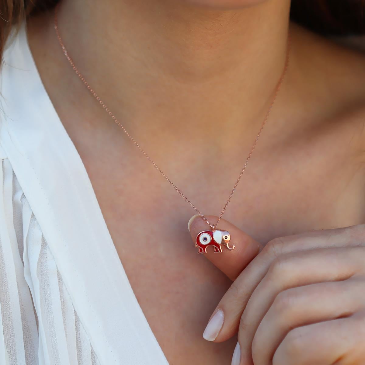 Kırmızı Mine İşli Rose Gold Kaplama Bereket Fili Gümüş Kolye