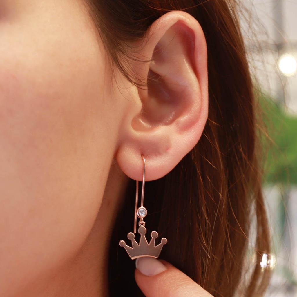 Kral Tacı Zirkon Taşlı Rose Gold Kaplama Gümüş Çengel Küpe