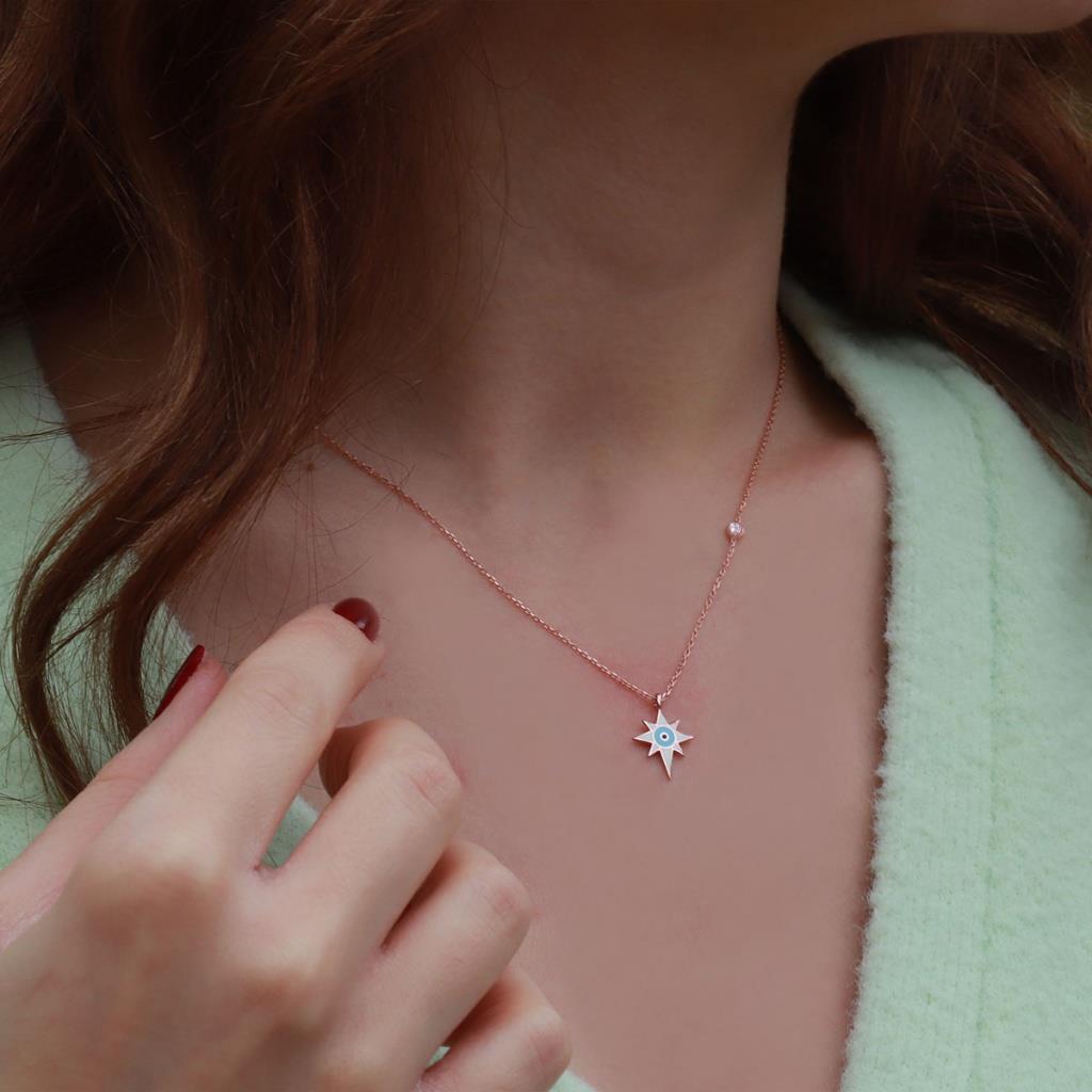 Kutup Yıldızı Figürlü Zirkon Taşlı Mine İşli Rose Gold Kaplama Gümüş Kolye
