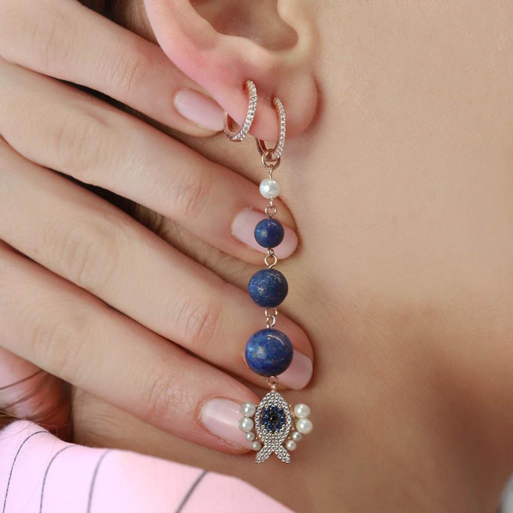 Lapis Taşlı İncili Balık Apm Model Rose Gold Kaplama Sallantı Gümüş Küpe