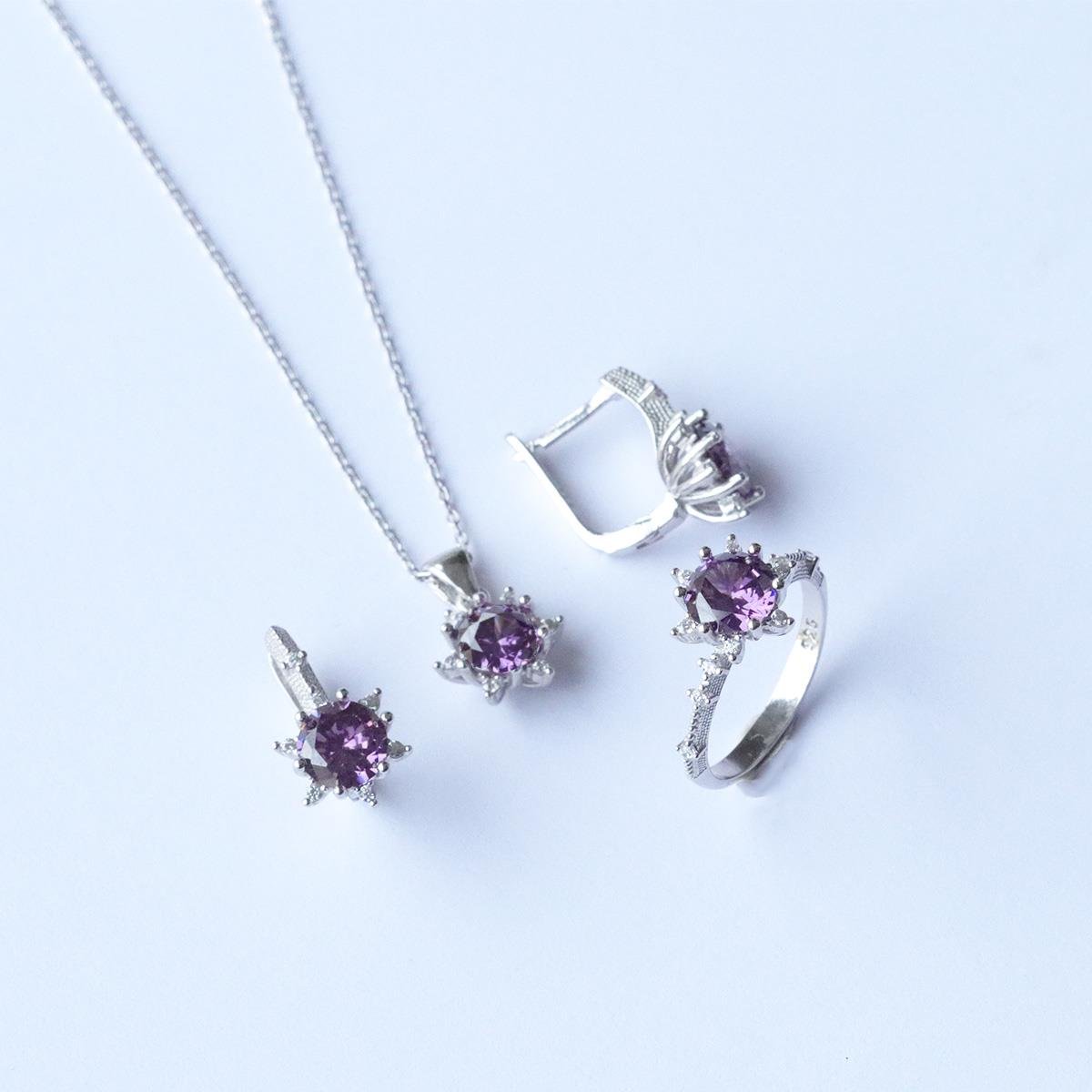 Lotus Çiçeği Ametist Taşlı Gümüş Set