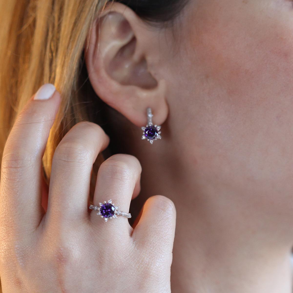 Lotus Çiçeği Ametist Taşlı Gümüş Set