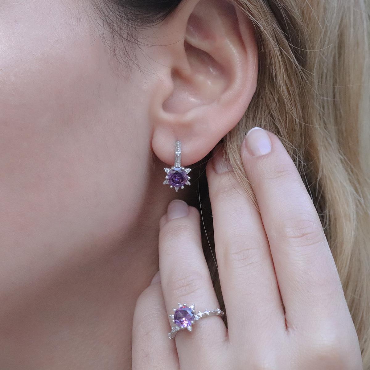 Lotus Çiçeği Ametist Taşlı Gümüş Set