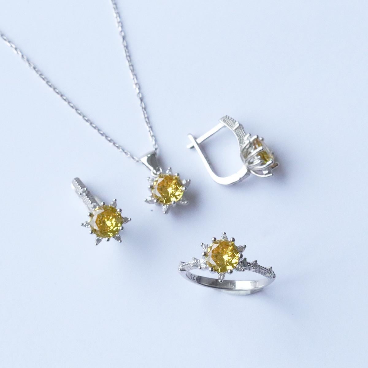 Lotus Çiçeği Sitrin Taşlı Gümüş Set