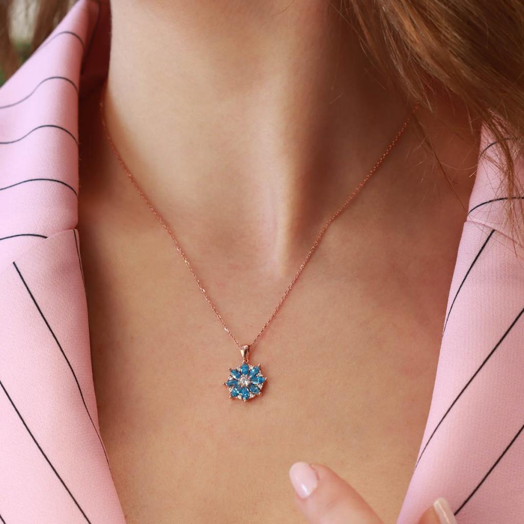Mavi Zirkon Mini Kamelya Çiçeği Rose Gold Kaplama Gümüş Kolye
