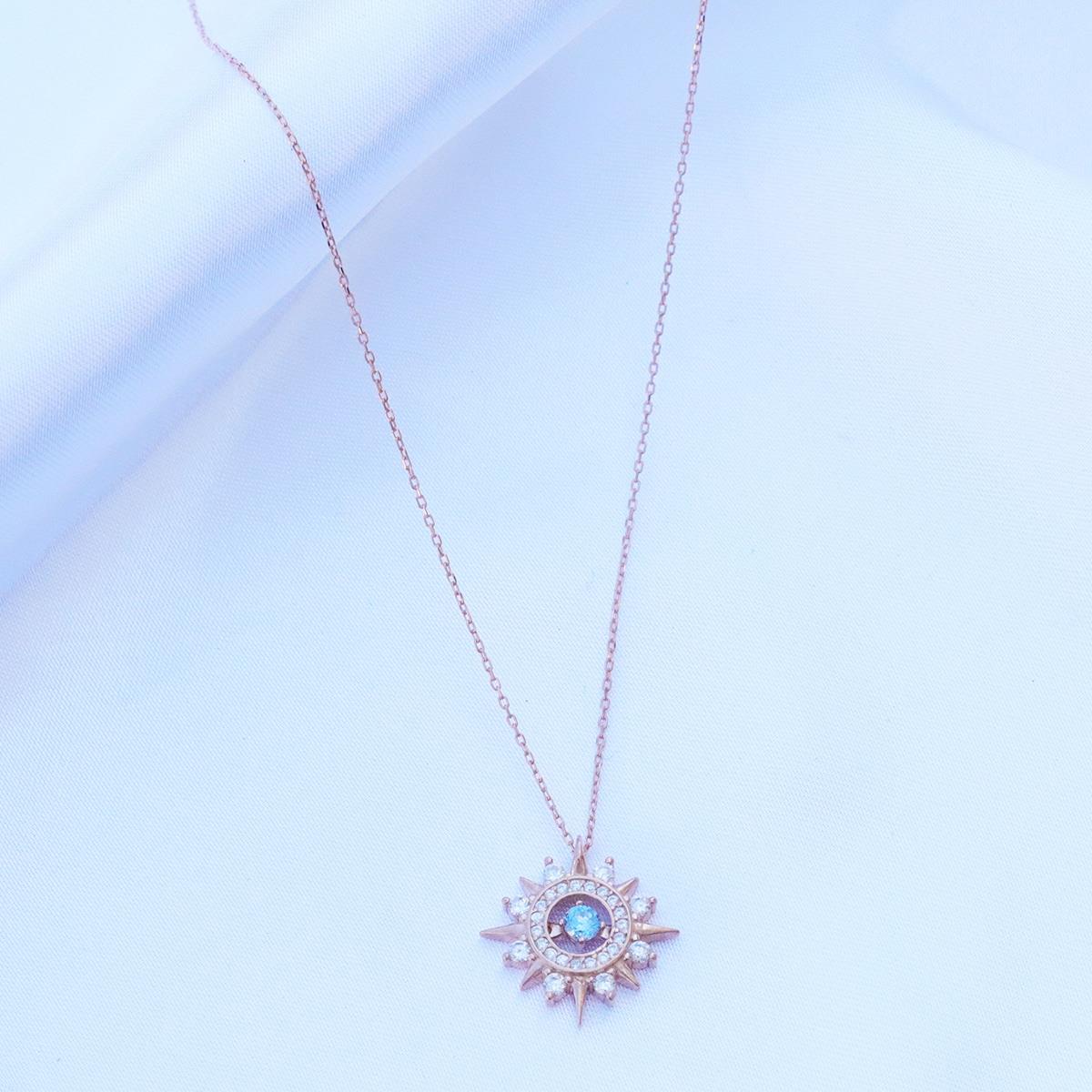 Mavi Zirkon Taşlı Rose Gold Kaplama Lodestar Gümüş Kolye